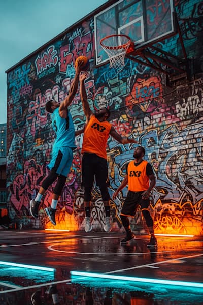 Jugadores de basket 3x3 saltando para encestar en una cancha urbana con graffitis y luces de neón