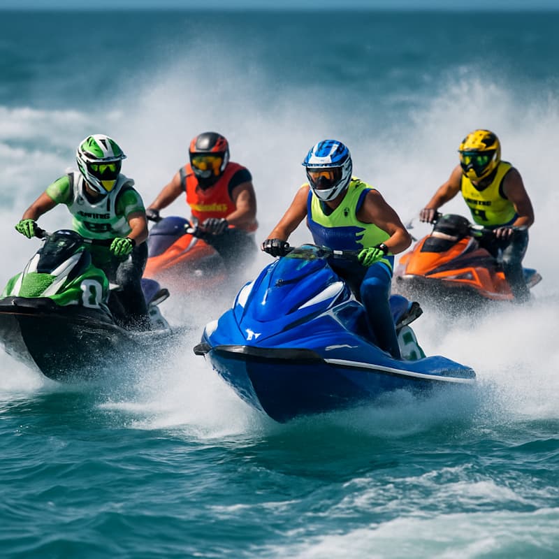 Grupo de pilotos compitiendo en motos de agua a gran velocidad creando olas y espuma en el mar