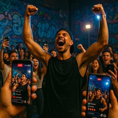 Atleta celebrando con los brazos en alto frente a un público animado mientras lo graban en directo con móviles