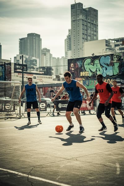 Jugadores disputando un partido de fútbol 3x3 en una cancha urbana con graffitis