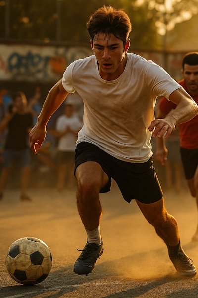 Jugador de fútbol 3x3 urbano corriendo con el balón en cancha asfaltada al atardecer, rivales detrás y público animando