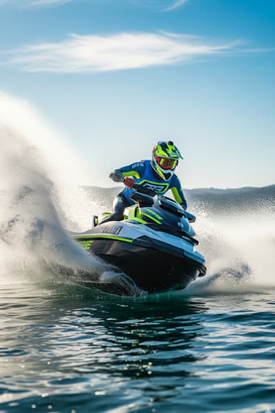 Piloto maniobrando una moto de agua a gran velocidad creando olas y espuma en el mar