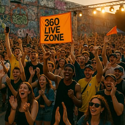 Multitud de jóvenes animando con entusiasmo en un evento urbano de 360º Live Zone con bandera naranja