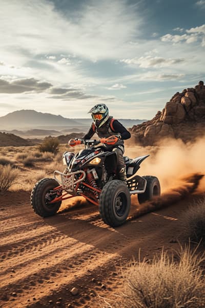 Piloto conduciendo un quad a gran velocidad en un circuito de tierra con polvo y montañas de fondo