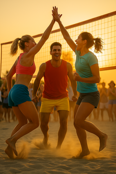 Tres jugadores de vóley playa celebrando un punto al atardecer, con arena en suspensión y público animando